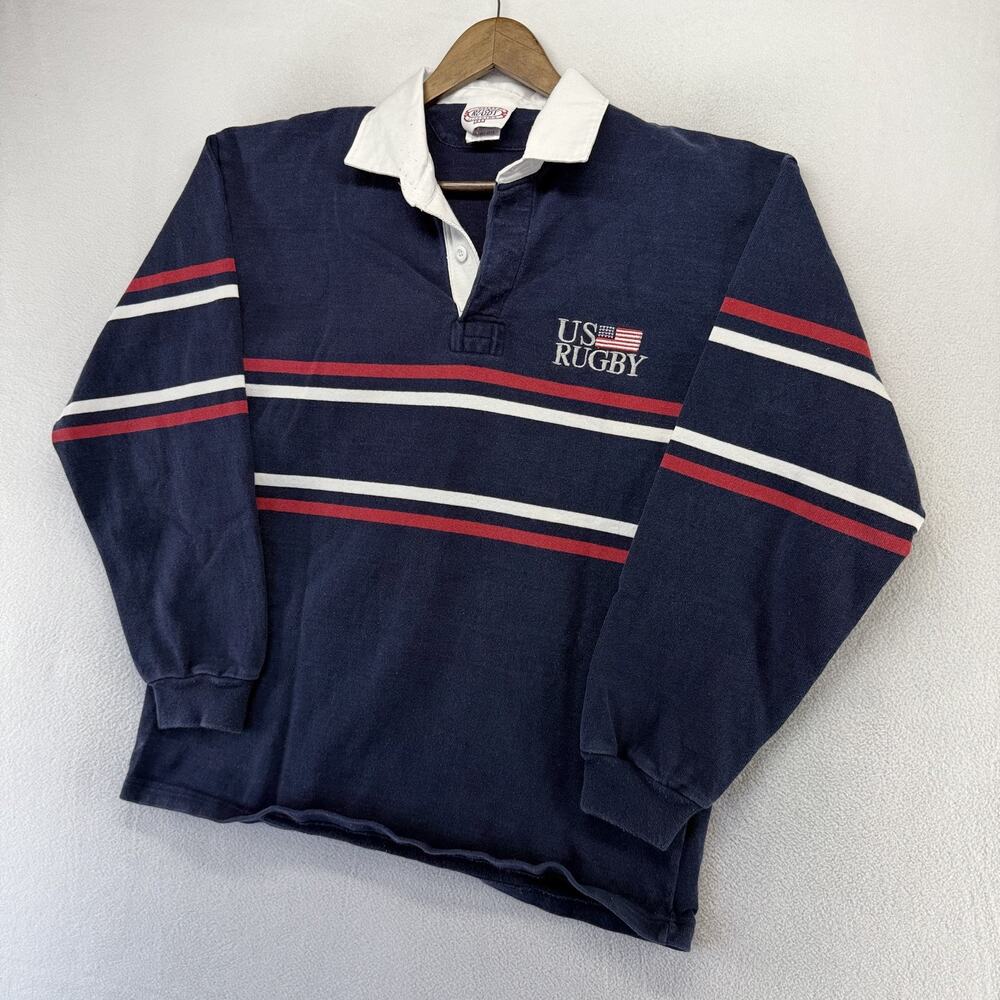 Vintage USA Rugby Shirt Men's XL Blue Embroidered United States Flag Halbro 90s
